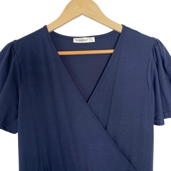 Nemidor Faux Wrap a-line Jersey Dress Swingy Drapey Knee Length Navy Size 14 - Picture 3 of 7